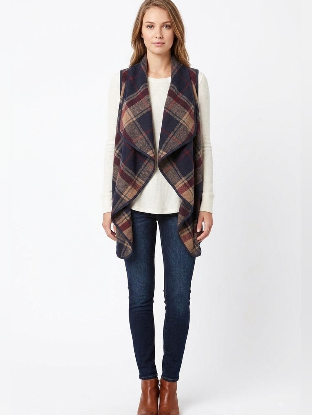 Altar'd State Plaid Waterfall Shawl Vest Open Front Cozy Tartan Navy Maroon M